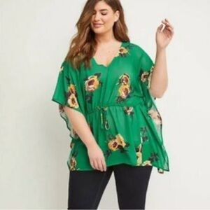 Lane Bryant Green Pink Long Sleeve Oversized Chiffon Blouse Size 18/20 EUC